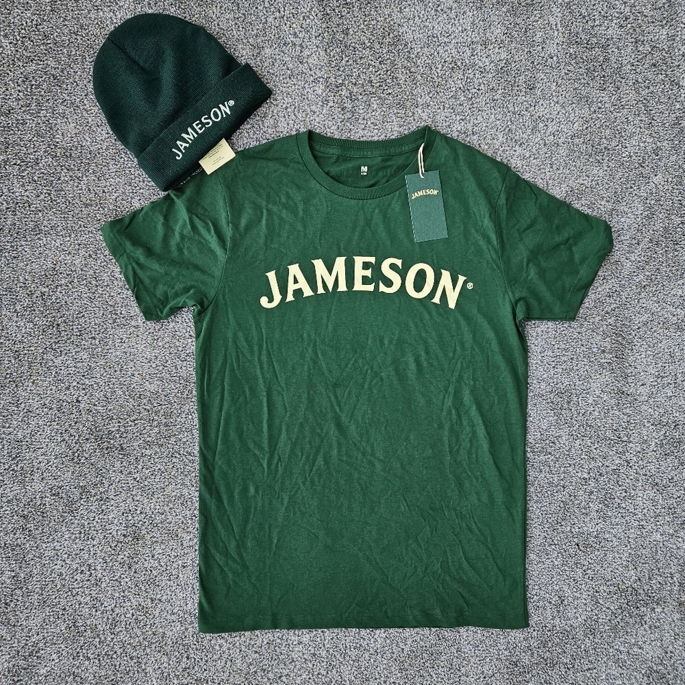 LOT Jameson Irish Whiskey Green T-Shirt Shirt Beanie Hat Cap NWT Mens M Medium